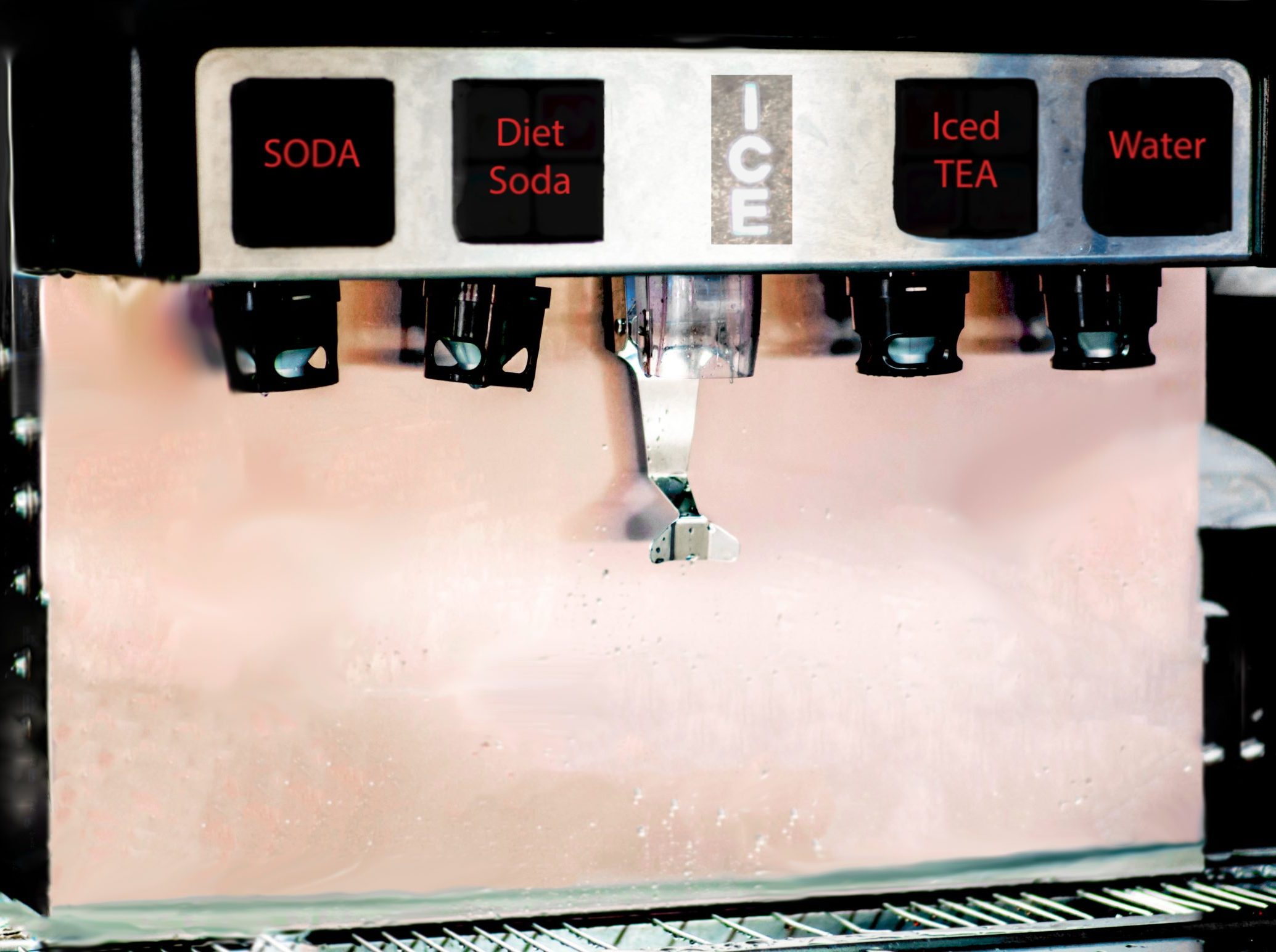 A soda dispensing machine typical of those found in fast food restaurants.